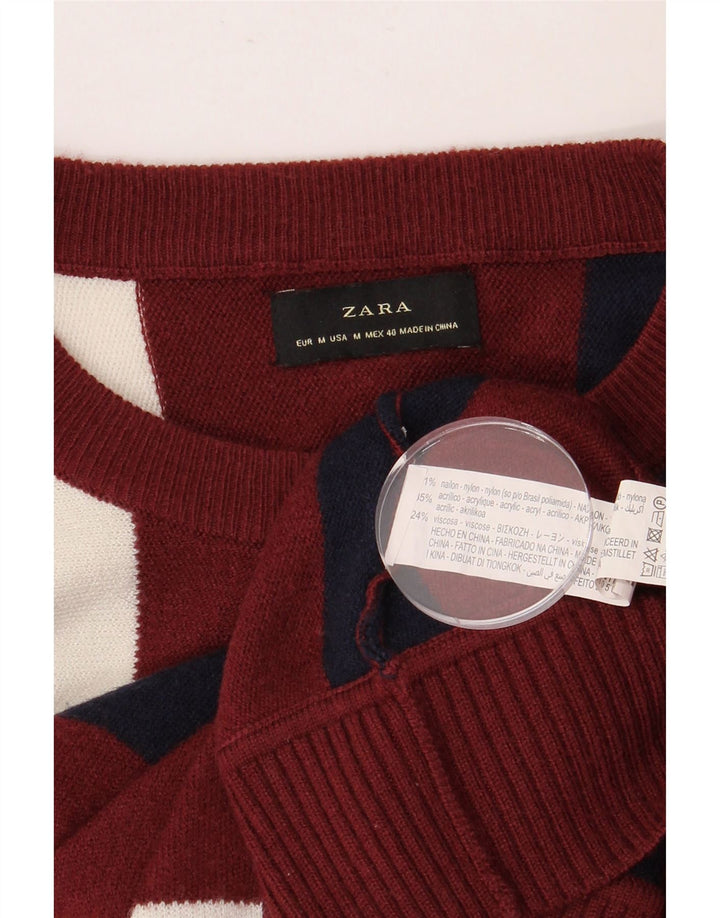 Maglione ZARA da uomo girocollo in nylon a righe bordeaux medio