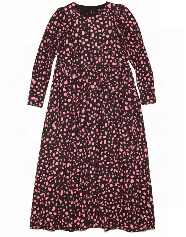 Vestito lungo a maniche lunghe da donna Zara UK 12 Poliestere maculato nero medio