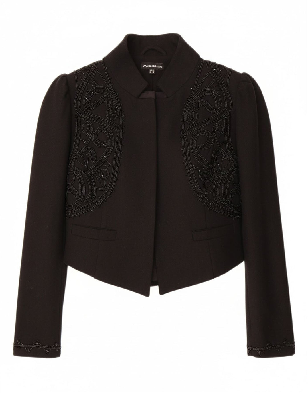 WAREHOUSE Womens Bolero Jacket UK 10 Small  Black Floral Wool