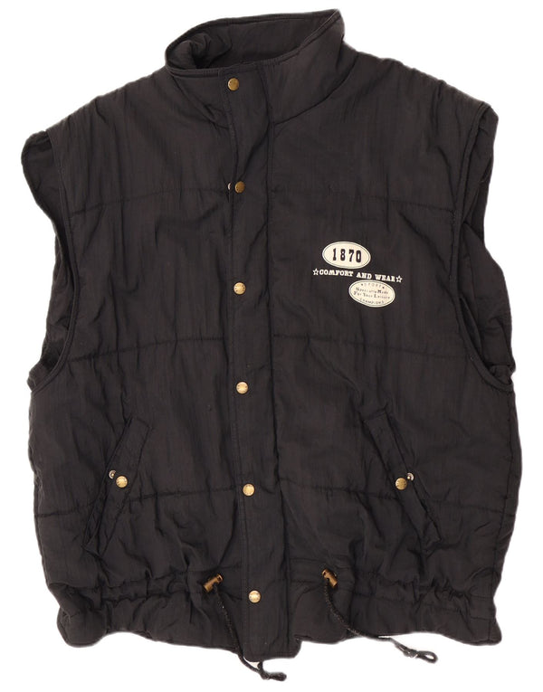 Gilet imbottito con cappuccio grafico da uomo vintage UK 40 grande nylon nero sportivo