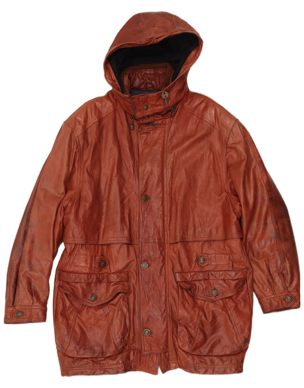 Cappotto in pelle con cappuccio da uomo Giamax UK 40 grande marrone