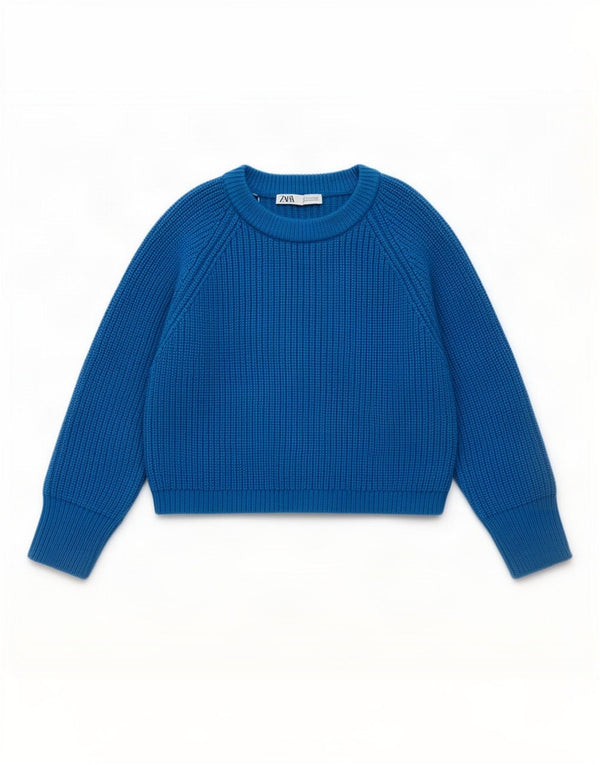 Maglione corto girocollo da donna Zara UK 10 piccolo acrilico blu