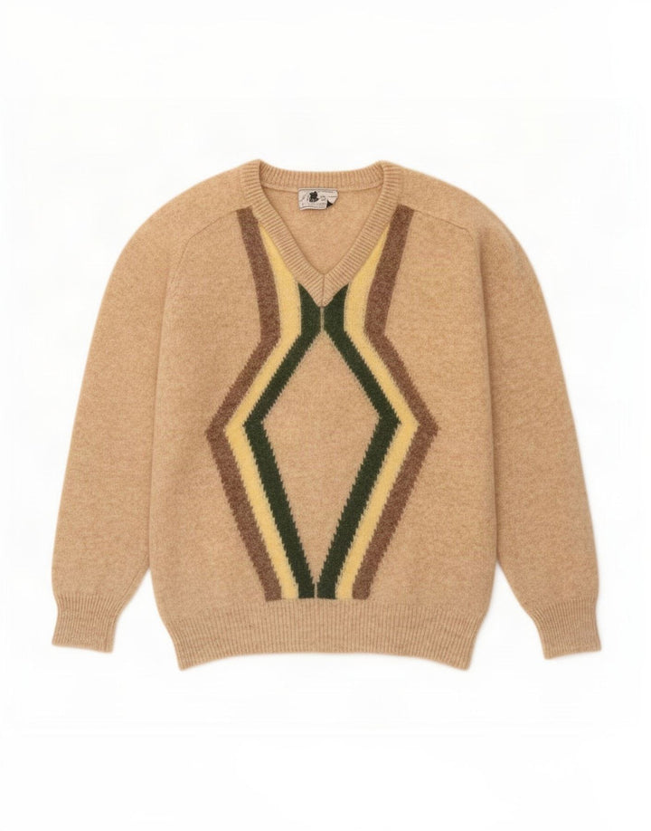 Maglione vintage da uomo con scollo a V in lana geometrica beige medio