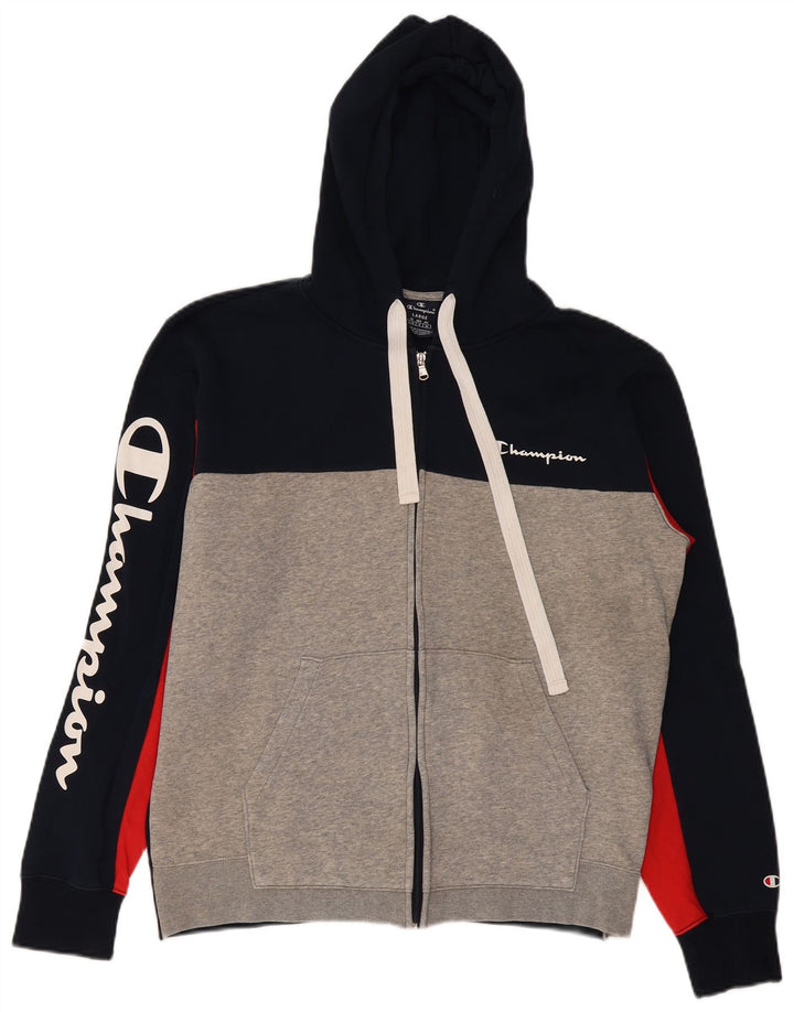 Maglione con cappuccio e zip grafica Champion da uomo, grande, in cotone color block blu navy