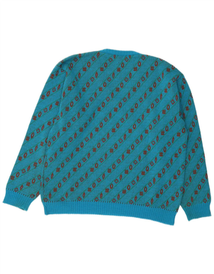 Maglione vintage da uomo con scollo a V, grande lana geometrica blu