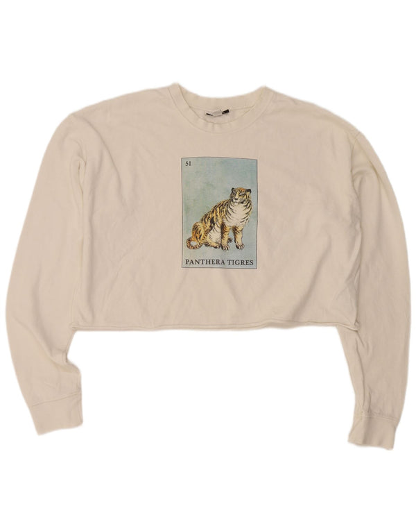 Topshop Donna Crop Oversize Felpa Maglione UK 10 Piccolo Cotone Bianco
