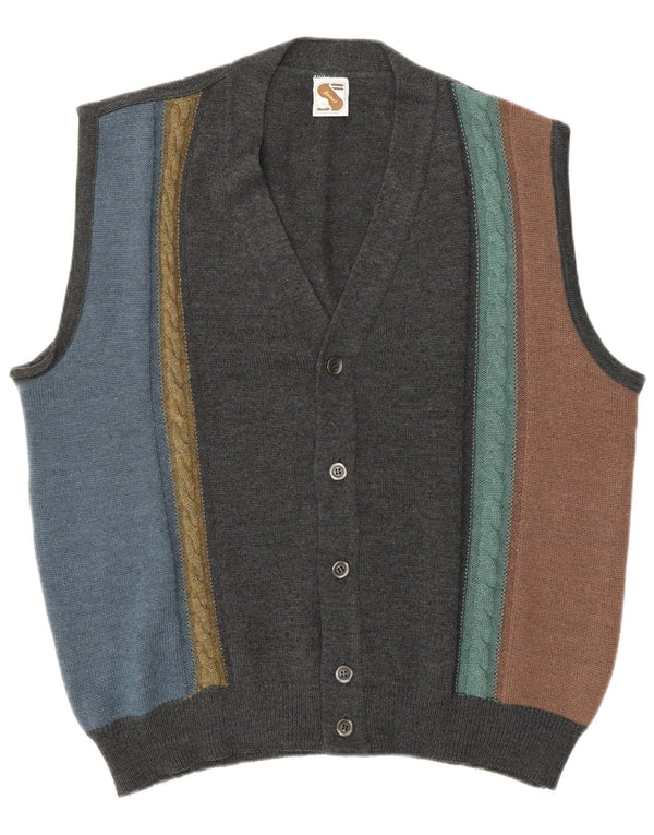 Maglione cardigan senza maniche vintage da uomo IT 52 Large Grey Colourblock