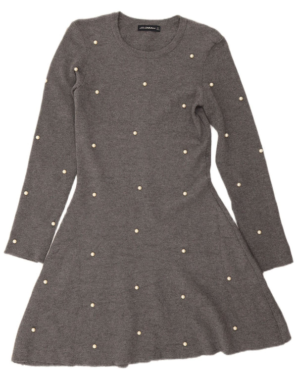 Abito maglione a maniche lunghe da donna Zara UK 12 Viscosa maculata grigio medio