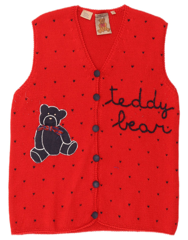 Maglione cardigan senza maniche vintage da donna UK 10 piccola novità rossa