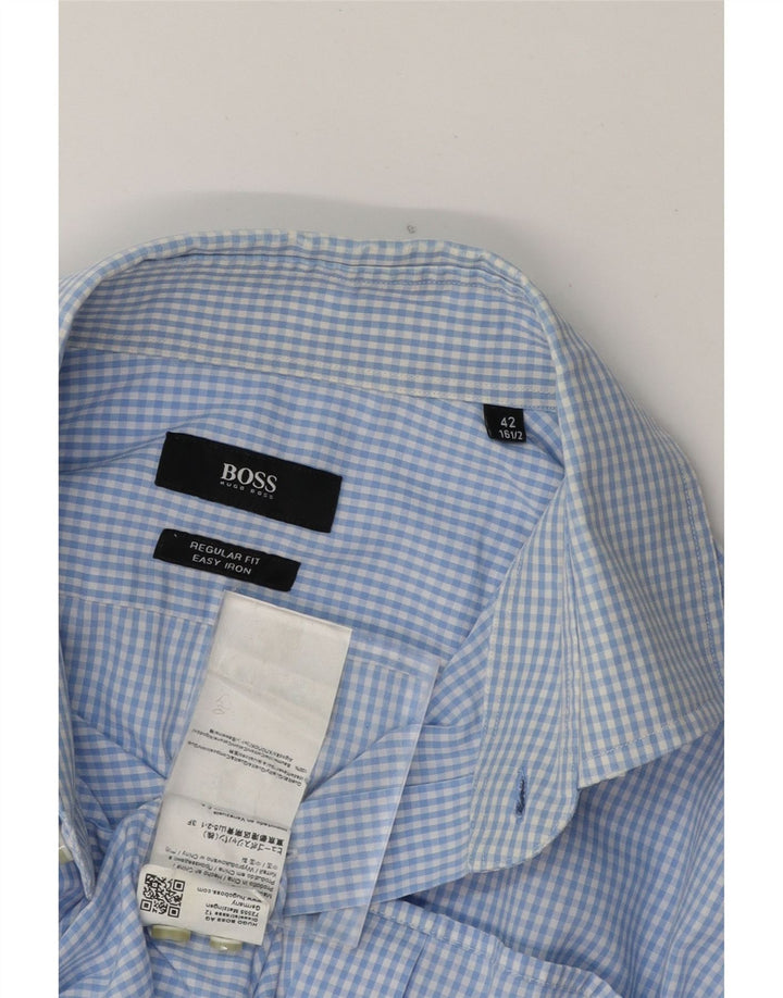 HUGO BOSS Mens Regular Fit Shirt Size 42 16 1/2 Large Blue Gingham Cotton Vintage Hugo Boss and Second-Hand Hugo Boss from Messina Hembry 
