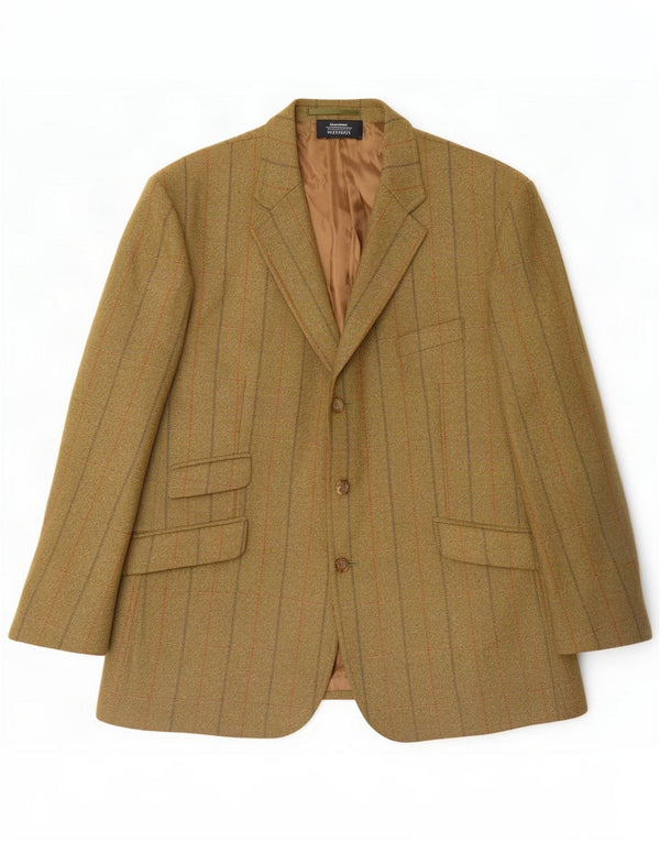 BROOK TAVERNER Mens 3 Button Blazer Jacket UK 42 XL Khaki Pinstripe Wool