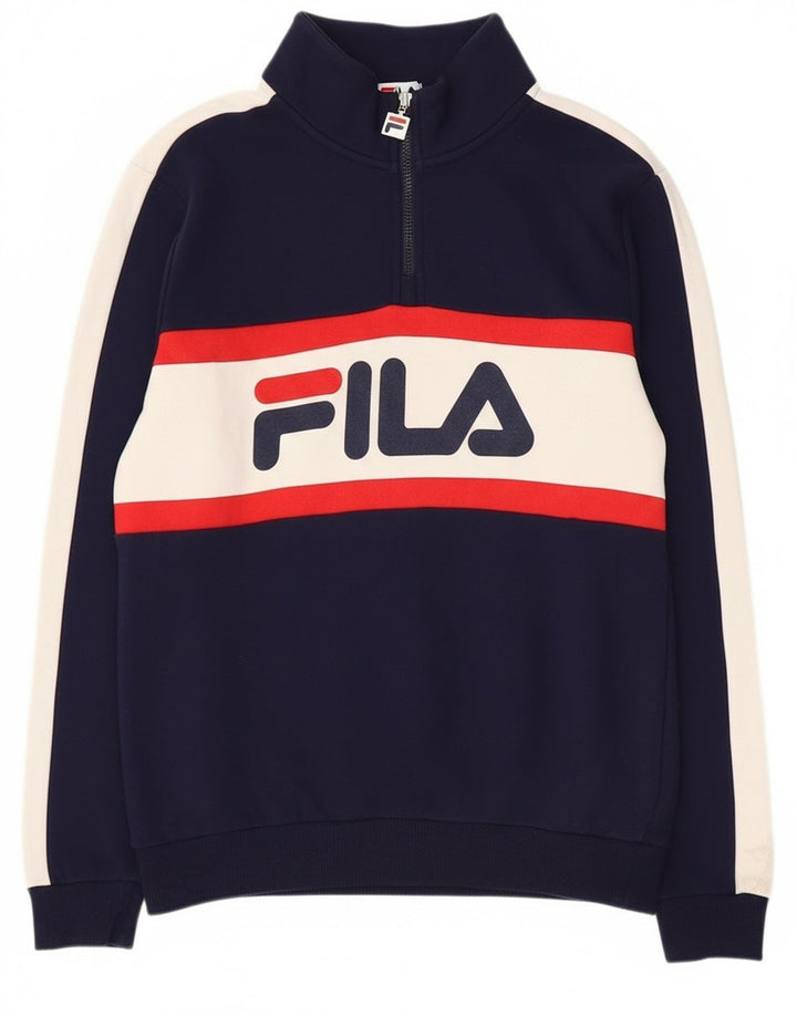 Felpa Fila da uomo con grafica con zip e collo, maglione piccolo blu navy color block