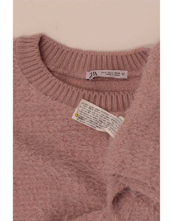 Maglione corto con scollo a barca da donna Zara UK 10 piccolo poliestere rosa
