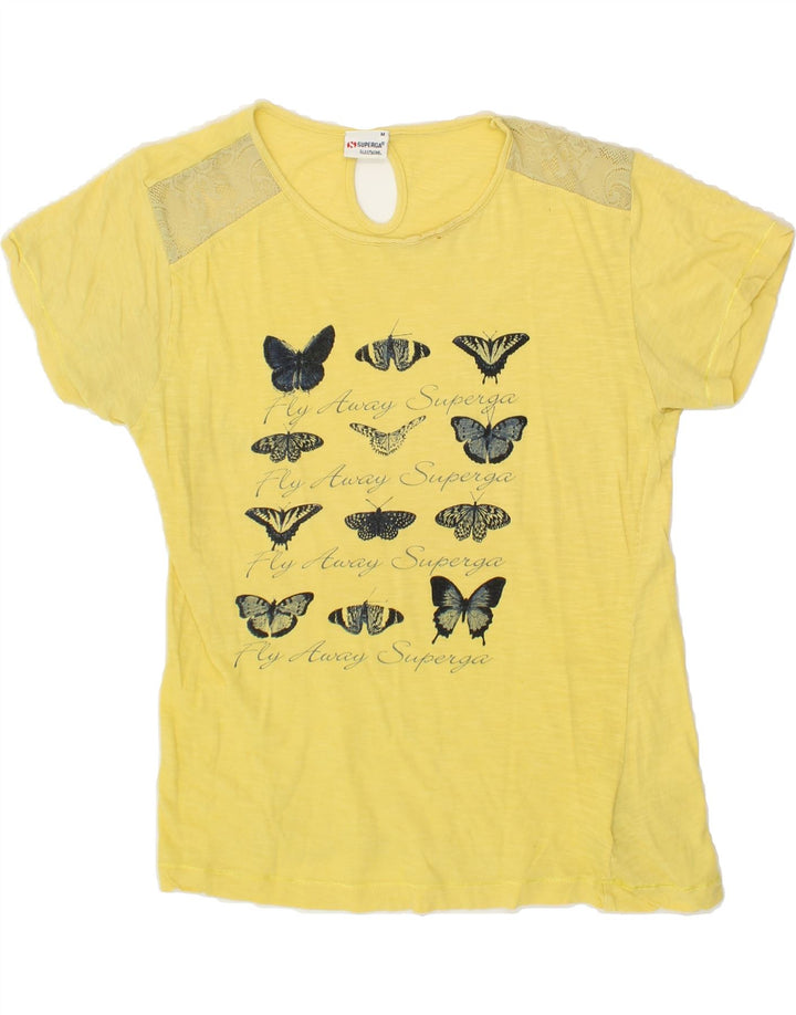 SUPERGA Womens Graphic T-Shirt Top UK 14 Medium Yellow Cotton Vintage Superga and Second-Hand Superga from Messina Hembry 