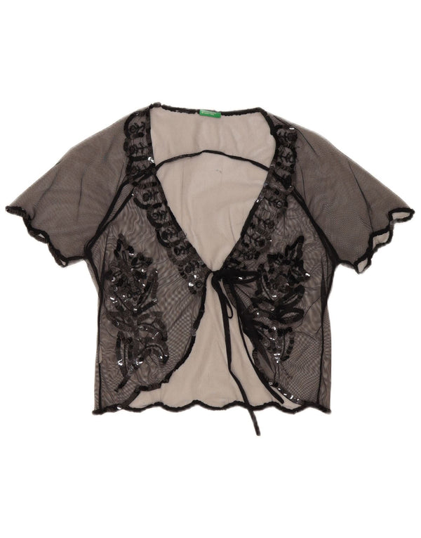Benetton Top cardigan trasparente corto da donna UK 12 Medio Nero Floreale