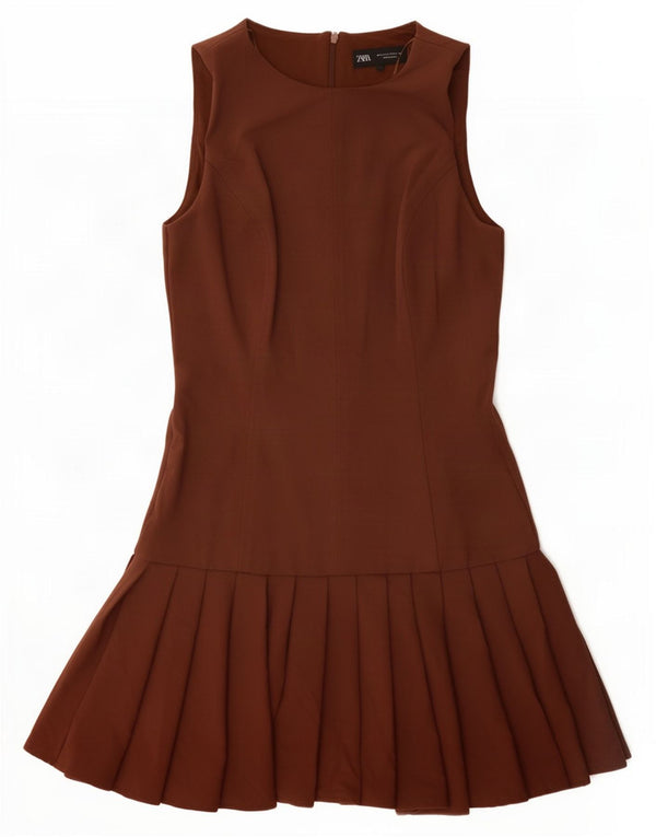 Abito a trapezio senza maniche da donna Zara UK 10 piccolo poliestere marrone