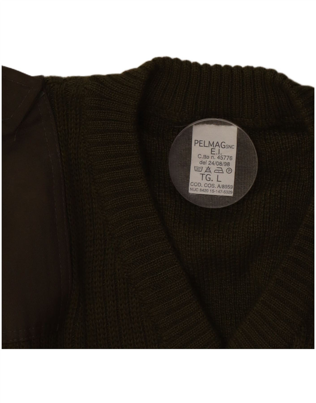 Maglione militare vintage da uomo con scollo a V grande color kaki