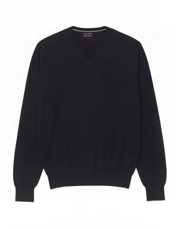 Massimo Dutti Maglione da uomo con scollo a V in cotone medio blu navy