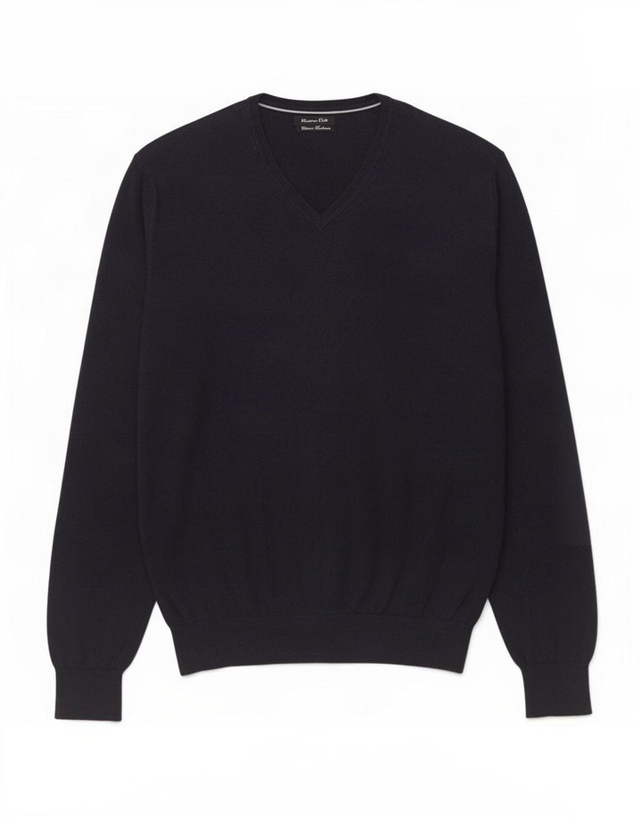 Massimo Dutti Maglione da uomo con scollo a V in cotone medio blu navy