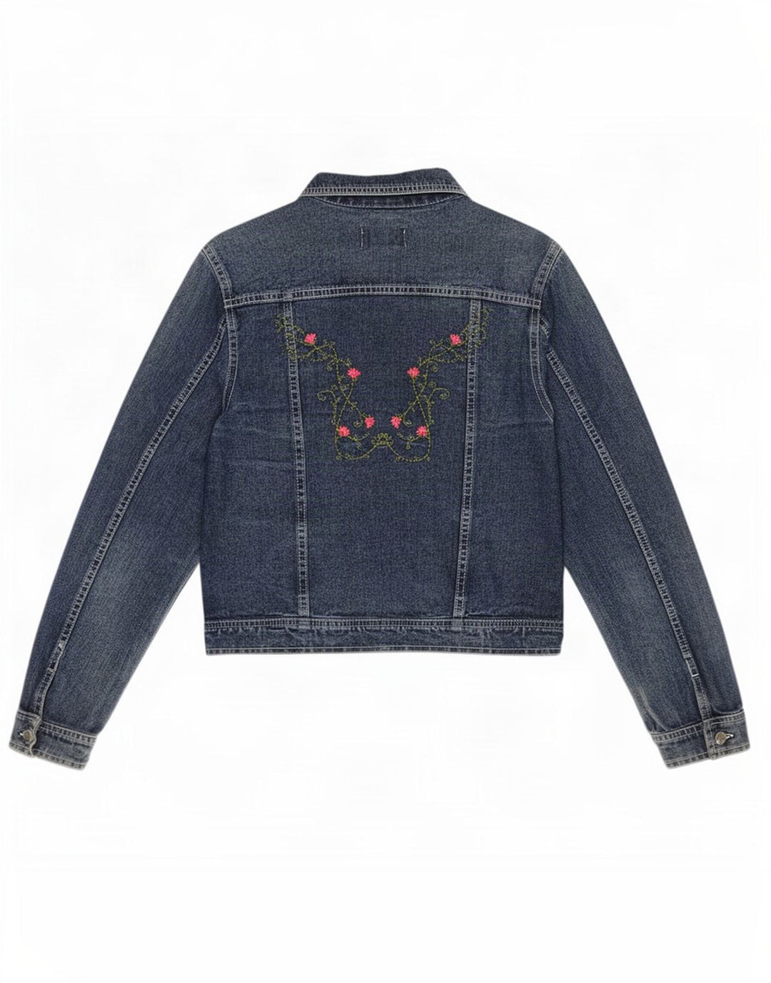 Giacca di jeans vintage da donna UK 14 grande floreale blu