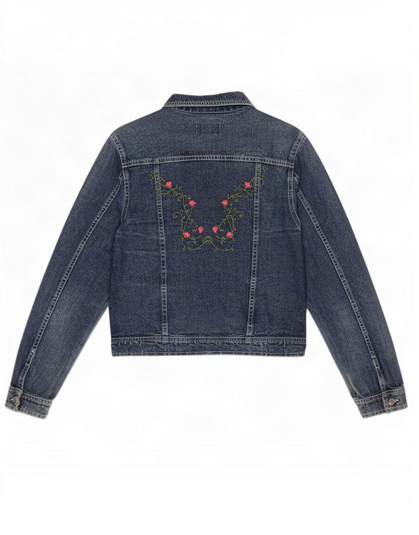 Giacca di jeans vintage da donna UK 14 grande floreale blu