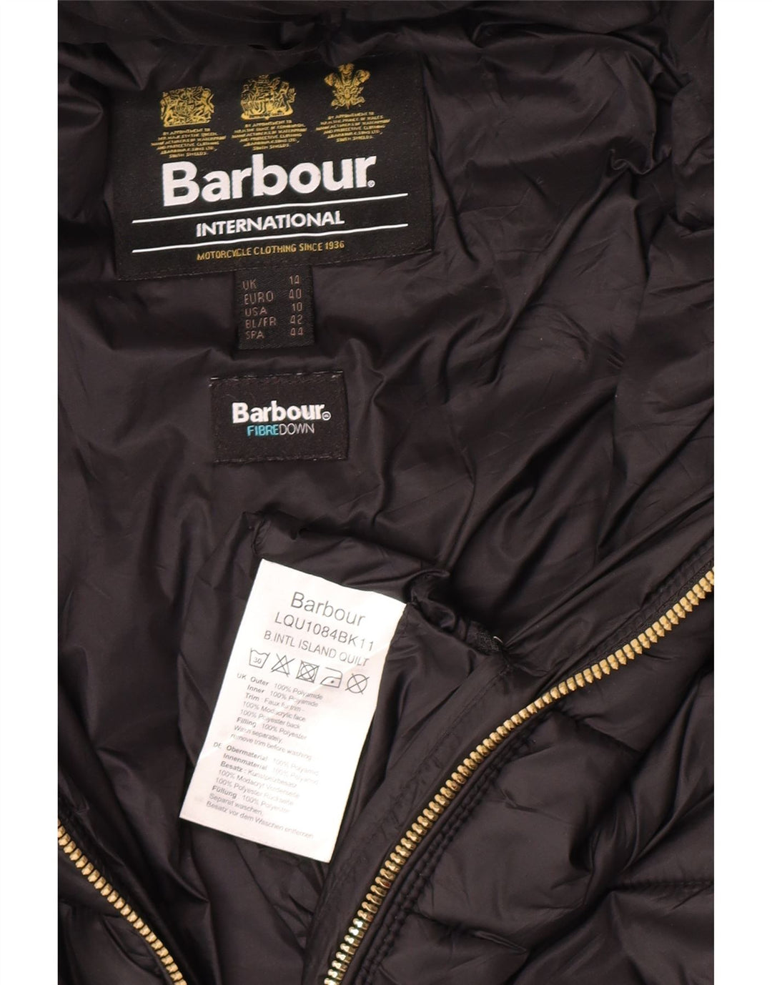 Giacca imbottita con cappuccio da donna Barbour UK 14 Large nera in poliammide