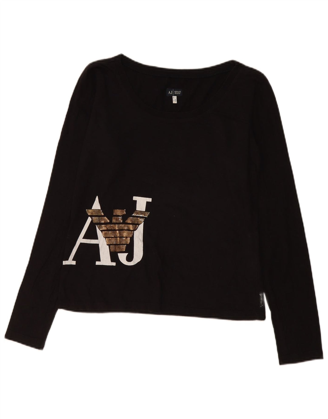 Armani Jeans Top grafico da donna manica lunga UK 16 grande nero