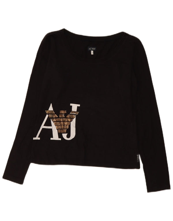 Armani Jeans Top grafico da donna manica lunga UK 16 grande nero