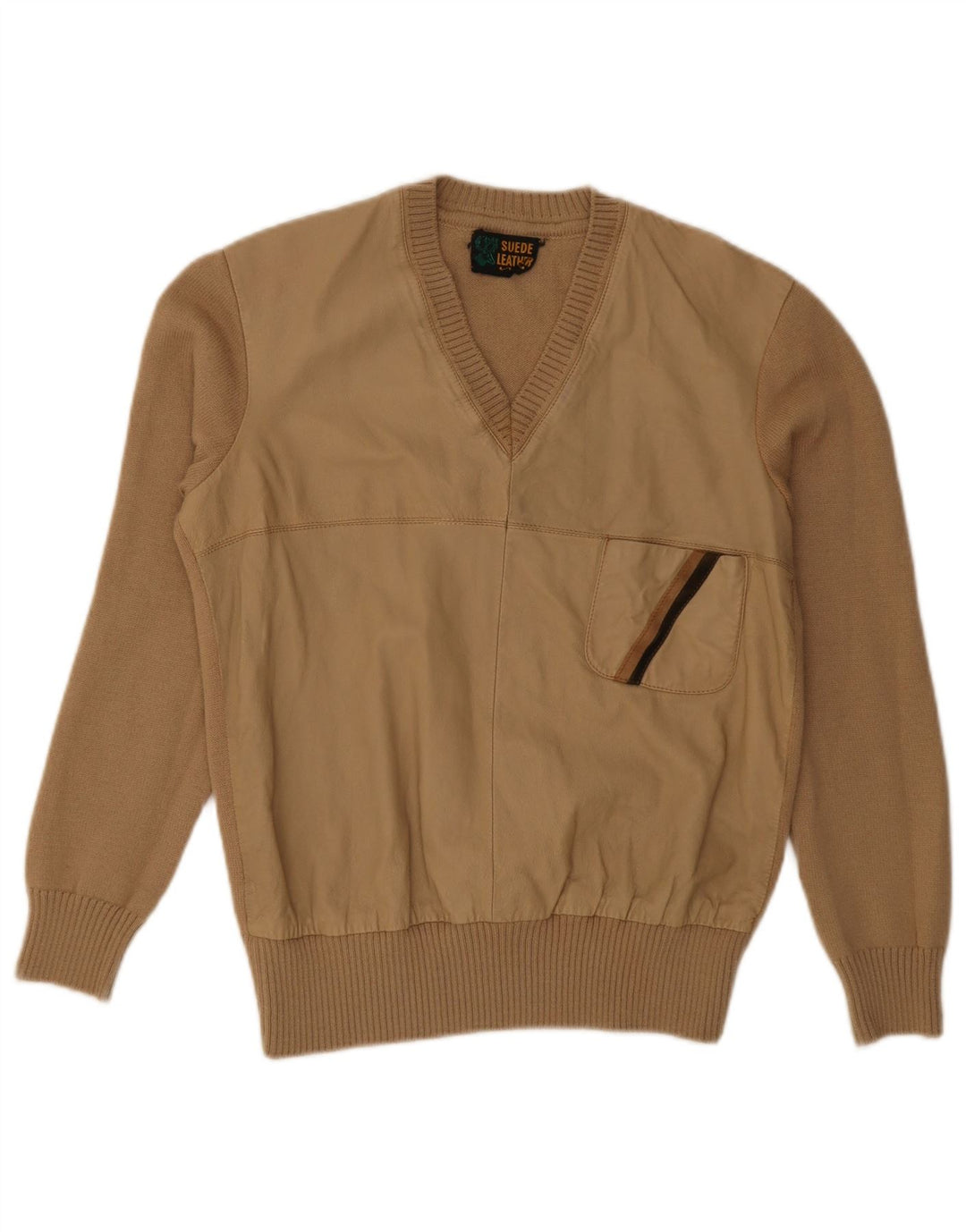 Maglione vintage da uomo con scollo a V piccolo in lana beige