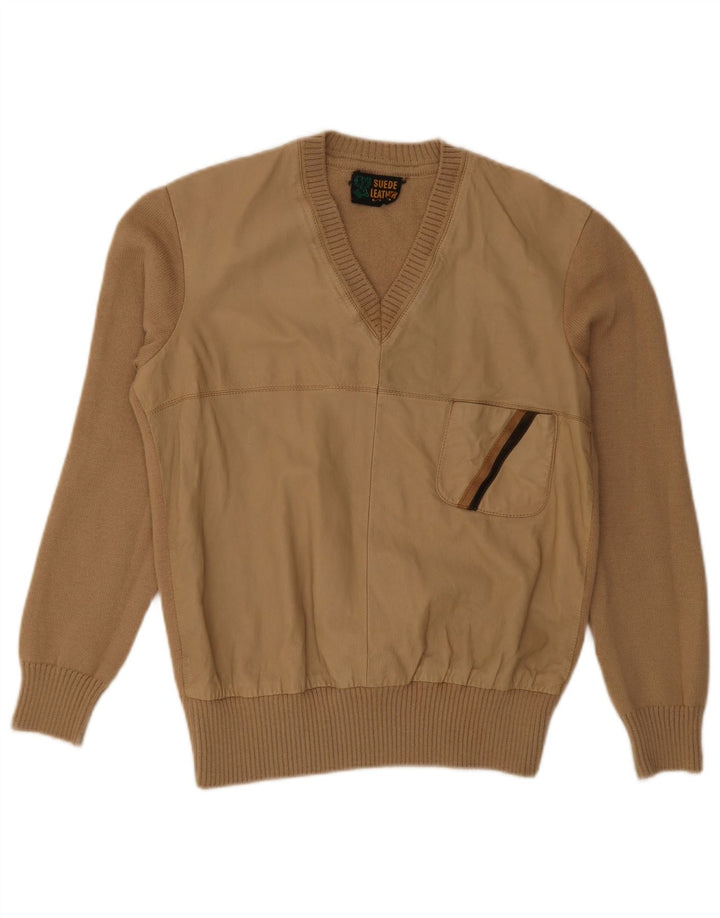 Maglione vintage da uomo con scollo a V piccolo in lana beige