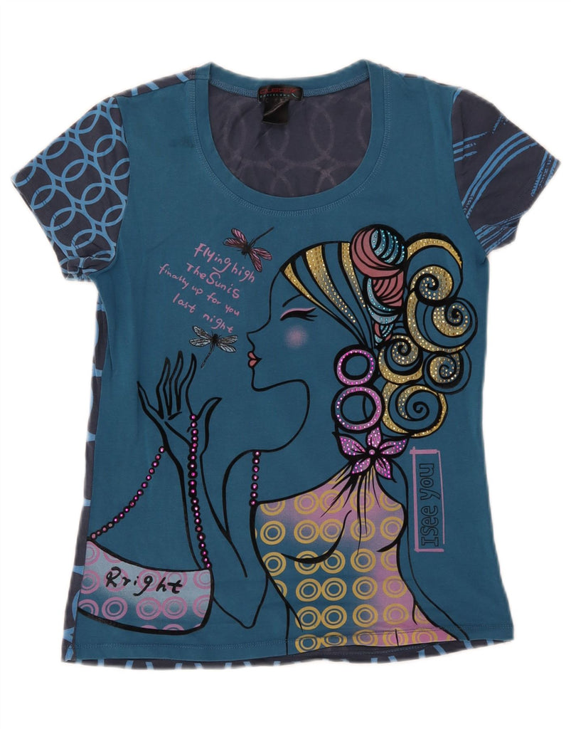 CUSTO BARCELONA Womens Graphic T-Shirt Top UK 12 Medium Navy Blue Vintage Custo Barcelona and Second-Hand Custo Barcelona from Messina Hembry 