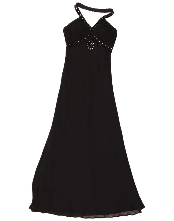 Abito maxi da donna vintage con scollo all'americana UK 8 piccolo poliestere nero