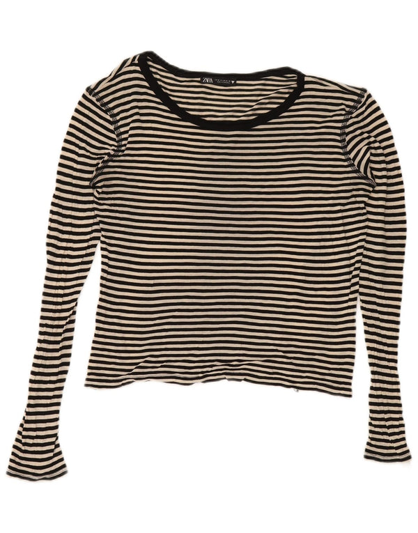 Zara Womens Crop Top Long Sleeve UK 12 Medium Navy Blue Striped Nautical