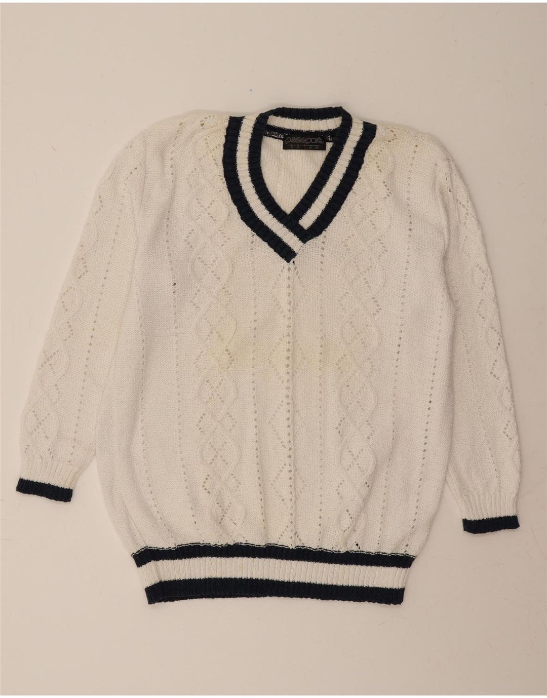 VINTAGE Womens Oversized V-Neck Jumper Sweater EU 40 Medium White Cotton Vintage Vintage and Second-Hand Vintage from Messina Hembry 