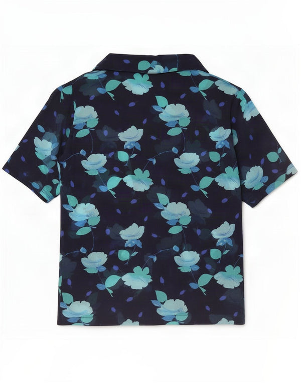 Camicetta vintage da donna a maniche corte UK 14 Blu navy medio floreale