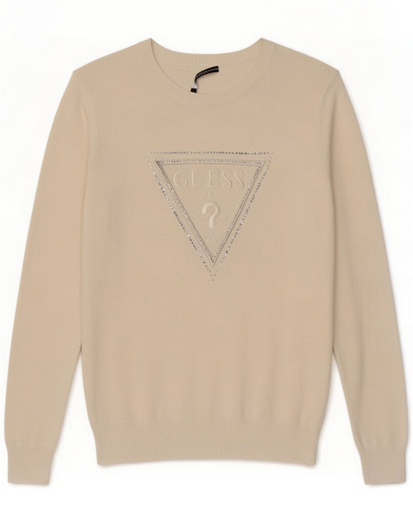 Guess Womens Graphic Boat Neck Jumper Sweater UK 14 Medium White