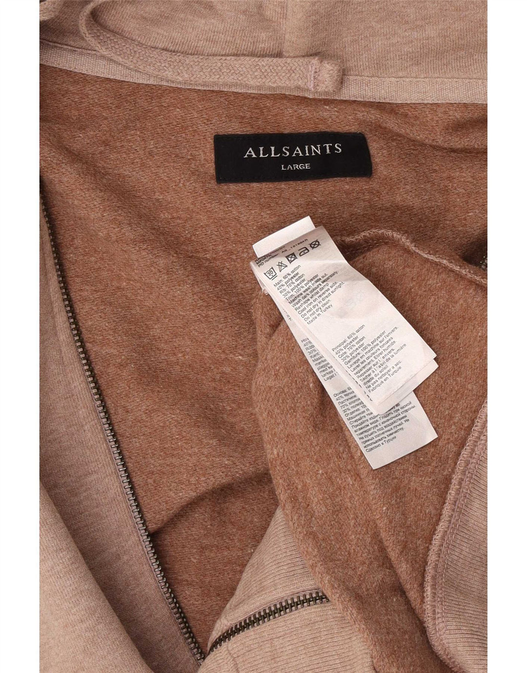 Maglione con cappuccio e zip da uomo di All Saints, grande, in cotone marrone