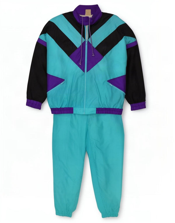 Tuta intera vintage da uomo XL blu color block in poliammide retrò
