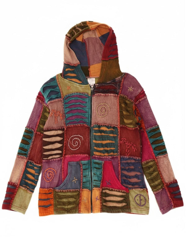 Maglione con cappuccio e zip da donna vintage con motivo pazzo UK 18 XL Bohe multicolore