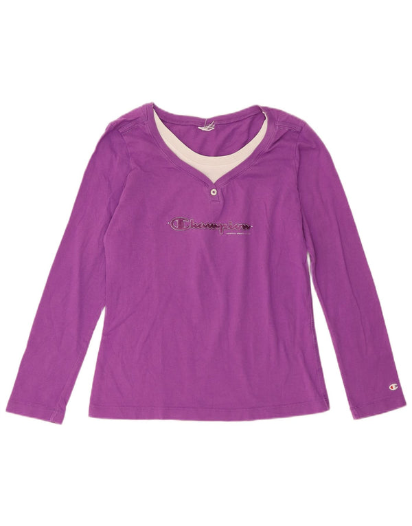 Top grafico da donna Champion manica lunga UK 10 piccolo viola colorblock