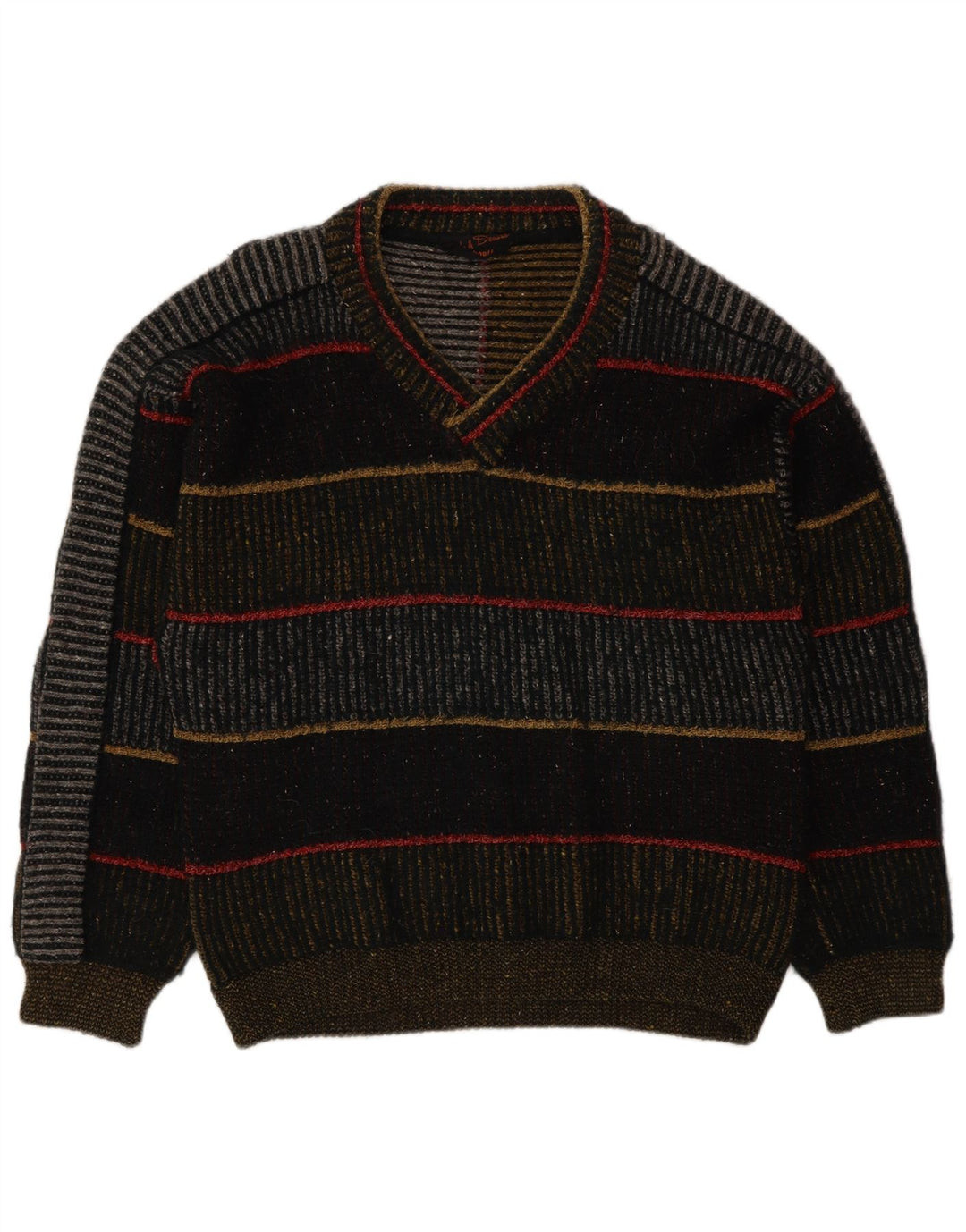 Maglione vintage da uomo con scollo a V, lana a righe multicolori di grandi dimensioni