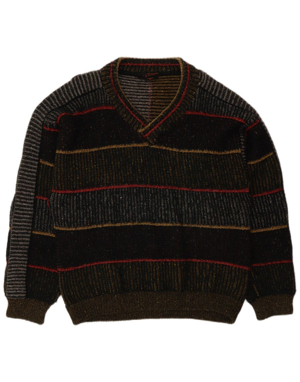 Maglione vintage da uomo con scollo a V, lana a righe multicolori di grandi dimensioni