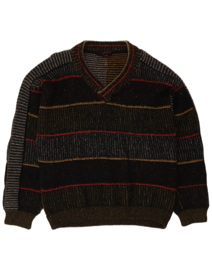 Maglione vintage da uomo con scollo a V, lana a righe multicolori di grandi dimensioni
