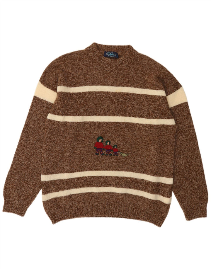 Maglione girocollo da uomo Good Luck, maglione piccolo in lana a righe marroni