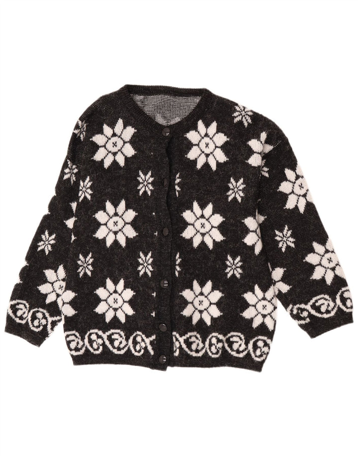 Maglione cardigan da donna vintage UK 16 grande floreale nero