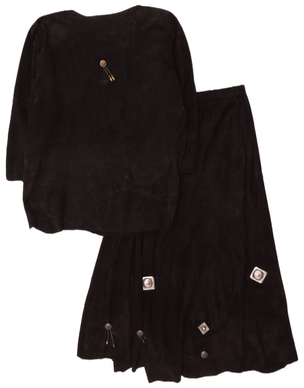 Set gonna 2 pezzi vintage in pelle scamosciata con maniche a 3/4 da donna UK 12 medio W28 nero
