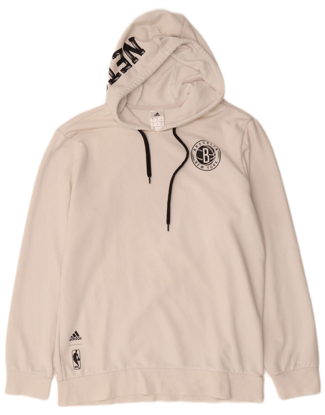 Felpa con cappuccio grafica da uomo Adidas Brooklyn Nets, cotone bianco medio