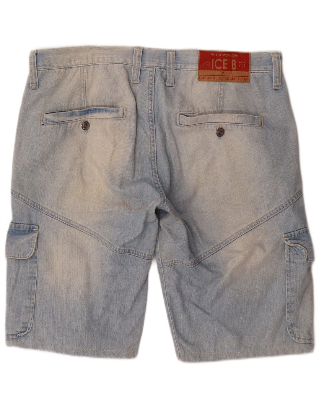 Pantaloncini di jeans cargo da uomo Iceberg W36 di grandi dimensioni in cotone blu