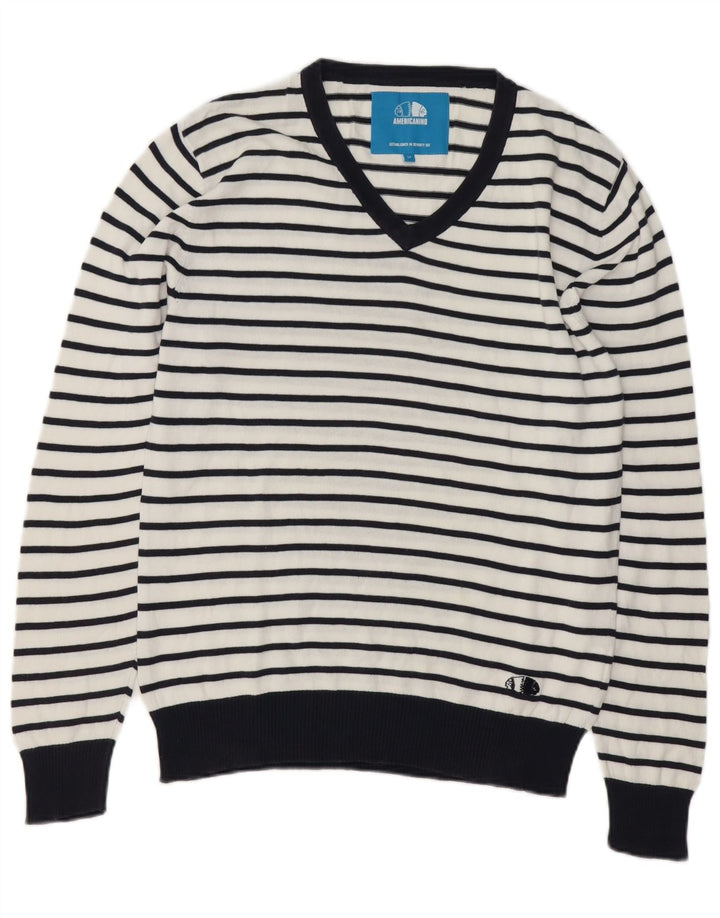 Maglione da uomo con scollo a V Americanino in cotone a righe bianche medie