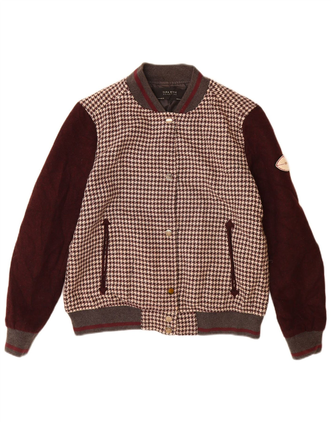 Giacca Varsity da donna Zara UK 14 Acrilico pied de poule marrone medio